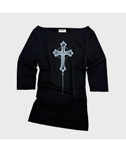 PLASMASPHERE(プラズマスフィア)の「クロスボートネックオフショルダーゴシックTシャツ_2COLOR(Tシャツ/カットソー・レディース・ブラック/ダークグレー・FREE)」の1枚目の写真