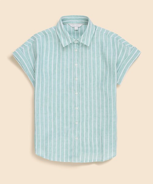 BROOKS BROTHERS(ブルックスブラザーズ)の「リネン ストライプ リラックスフィット フレンチスリーブ シャツ(シャツ/ブラウス・レディース・アクア・LARGE/MEDIUM/SMALL/X-SMALL)」の1枚目の写真