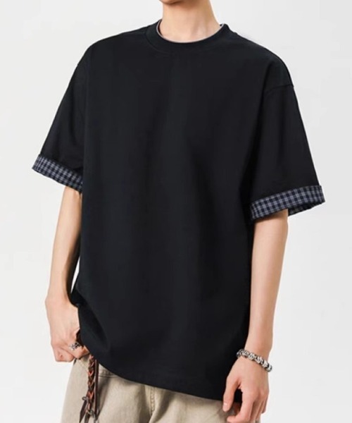 Ritzy(リッツィー)の「2 色展開のオーバーサイズ 袖口チェック T シャツ(Tシャツ/カットソー・メンズ・ブラック/グレー・L/XL/M)」の11枚目の写真
