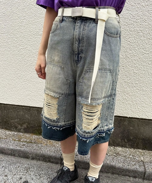 DOUBLE NAME(ダブルネーム)の「ダブルニーダメージデニムバミューダパンツ(デニムパンツ・レディース・ネイビー/ブラック系その他・FREE)」の5枚目の写真