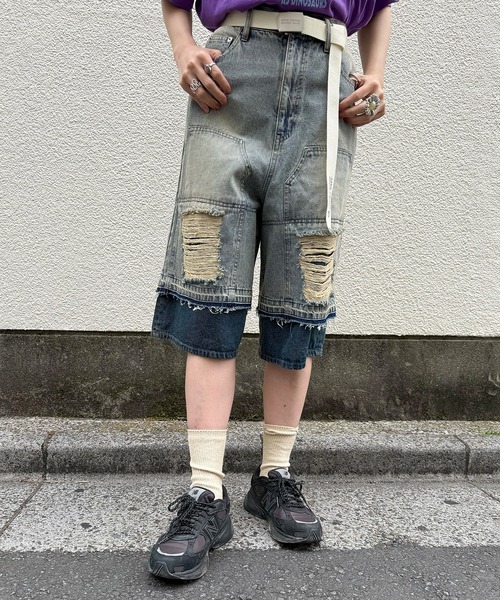 DOUBLE NAME(ダブルネーム)の「ダブルニーダメージデニムバミューダパンツ(デニムパンツ・レディース・ネイビー/ブラック系その他・FREE)」の3枚目の写真