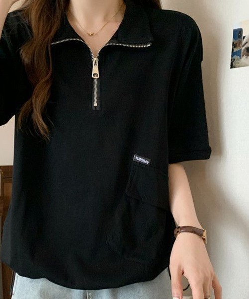 mielu（ミエル）の「ハーフジップルーズトップス（シャツ/ブラウス・レディース・ベージュ/ブラック・LARGE/MEDIUM）」の3枚目の写真