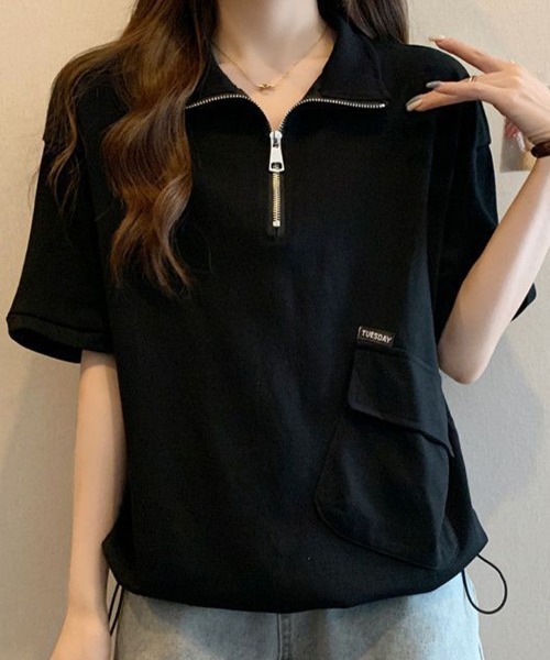 mielu（ミエル）の「ハーフジップルーズトップス（シャツ/ブラウス・レディース・ベージュ/ブラック・LARGE/MEDIUM）」の4枚目の写真