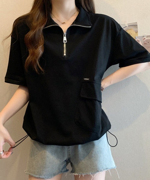 mielu（ミエル）の「ハーフジップルーズトップス（シャツ/ブラウス・レディース・ベージュ/ブラック・LARGE/MEDIUM）」の5枚目の写真