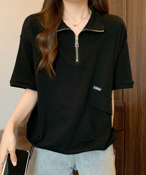 mielu（ミエル）の「ハーフジップルーズトップス（シャツ/ブラウス・レディース・ベージュ/ブラック・LARGE/MEDIUM）」の6枚目の写真