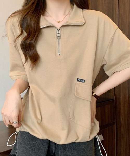 mielu（ミエル）の「ハーフジップルーズトップス（シャツ/ブラウス・レディース・ベージュ/ブラック・LARGE/MEDIUM）」の7枚目の写真