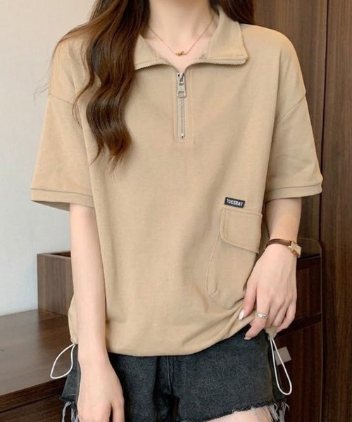 mielu（ミエル）の「ハーフジップルーズトップス（シャツ/ブラウス・レディース・ベージュ/ブラック・LARGE/MEDIUM）」の8枚目の写真