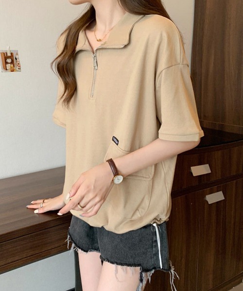 mielu（ミエル）の「ハーフジップルーズトップス（シャツ/ブラウス・レディース・ベージュ/ブラック・LARGE/MEDIUM）」の9枚目の写真