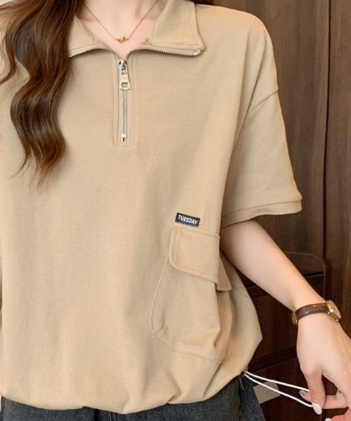 mielu（ミエル）の「ハーフジップルーズトップス（シャツ/ブラウス・レディース・ベージュ/ブラック・LARGE/MEDIUM）」の10枚目の写真