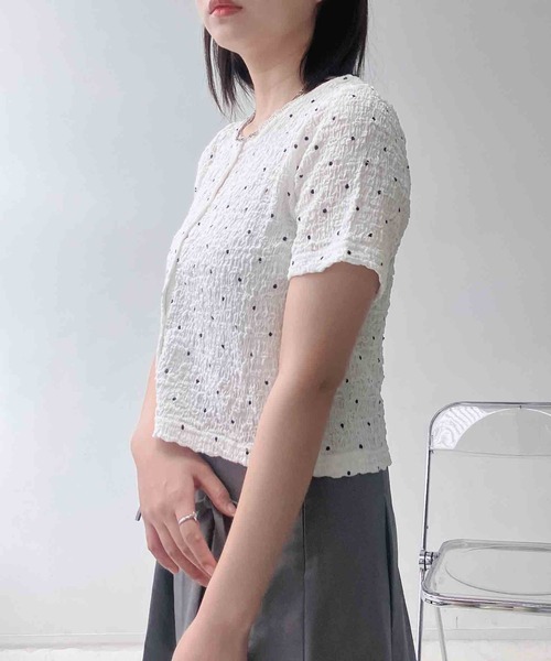 AS KNOW AS plus(アズノゥアズプラス)の「〇ピコレース クルーネック半袖カーディガン(カーディガン/ボレロ・レディース・アイボリー系/杢グレー/ドット・FREE)」の7枚目の写真