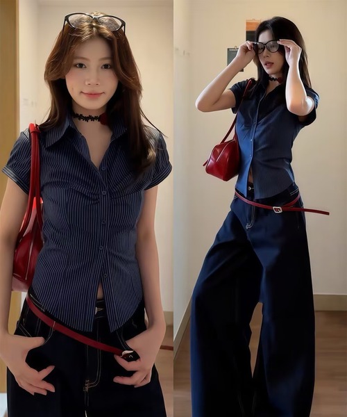 AsheKsha(アシクシャ)の「ショルダーストレートウエストショートスリーブシャツ(シャツ/ブラウス・レディース・ネイビー・M)」の18枚目の写真
