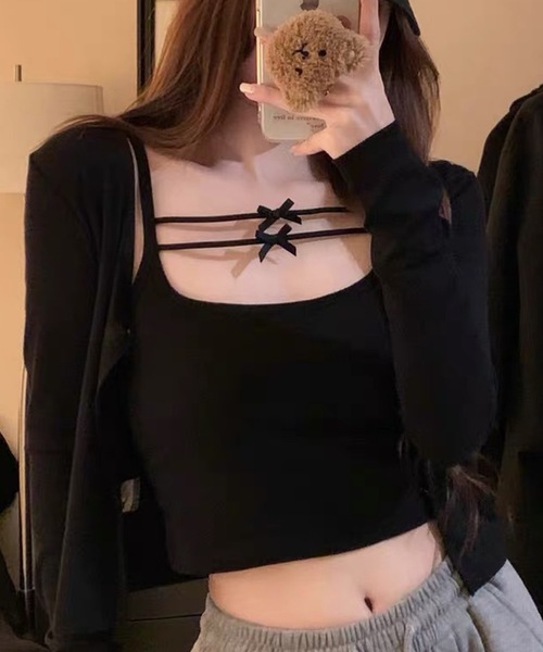 Lace Ladies(レースレディース)の「リボン ダブル ストラップ カップ付き キャミソール(キャミソール・レディース・ホワイト/ブラック/グレー・FREE)」の6枚目の写真