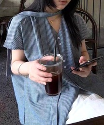 ルーズVネックタイストライプシャツ