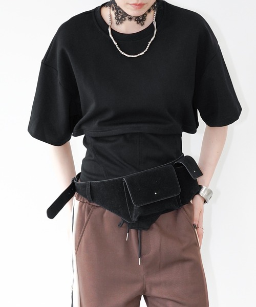 chuclla（チュクラ）の「ドッキングデザインレースアップカットソー chw26s355（Tシャツ/カットソー・レディース・ブラック/ホワイト・FREE）」の2枚目の写真