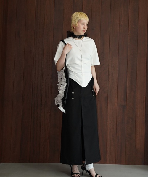 chuclla（チュクラ）の「ドッキングデザインレースアップカットソー chw26s355（Tシャツ/カットソー・レディース・ブラック/ホワイト・FREE）」の4枚目の写真