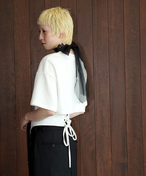 chuclla（チュクラ）の「ドッキングデザインレースアップカットソー chw26s355（Tシャツ/カットソー・レディース・ブラック/ホワイト・FREE）」の9枚目の写真