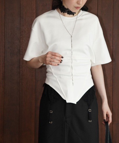chuclla（チュクラ）の「ドッキングデザインレースアップカットソー chw26s355（Tシャツ/カットソー・レディース・ブラック/ホワイト・FREE）」の5枚目の写真