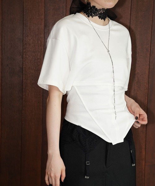 chuclla（チュクラ）の「ドッキングデザインレースアップカットソー chw26s355（Tシャツ/カットソー・レディース・ブラック/ホワイト・FREE）」の3枚目の写真