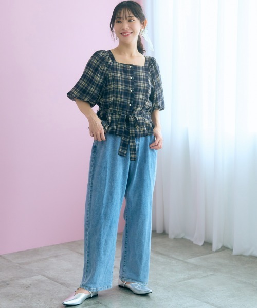 marun(マルン)の「<大きいサイズ>【nanaeさんコラボ】チェック柄ペプラムショートブラウス marun(シャツ/ブラウス・レディース・ブラウン/ネイビー・L/5L/4L/3L/LL)」の7枚目の写真