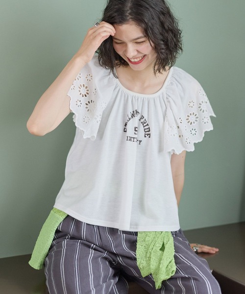 niko and...(ニコアンド)の「コットンレーススリーブロゴTシャツ(Tシャツ/カットソー・レディース・オフホワイト/ネイビー/チャコール・FREE)」の13枚目の写真