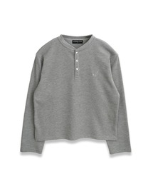 short length press-stud henry neck thermal long sleeve T-shirt/ショートレングススナップヘンリーネックサーマルロングスリーブTシャツ 短丈スナップヘンリーワッフル長袖T