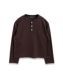 short length press-stud henry neck thermal long sleeve T-shirt/ショートレングススナップヘンリーネックサーマルロングスリーブTシャツ 短丈スナップヘンリーワッフル長袖T