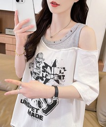 レイヤード風オフショルフロントプリントTシャツ