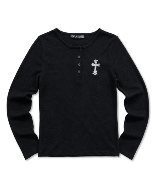 DAMISH(ダミシュ)の「クロス刺繍ワッフルヘンリーネック_ブラック(Tシャツ/カットソー・レディース・ブラック・OS)」の2枚目の写真