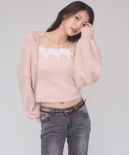 Ambre Neige(アンブルネージュ)の「shaggy knit ensemble / シャギーニットアンサンブル(カーディガン/ボレロ・レディース・アイボリー/ピンク/チャコールグレー/ボルドー・FREE)」の1枚目の写真