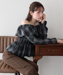 《2サイズ展開》チェックオフショルダーブラウス