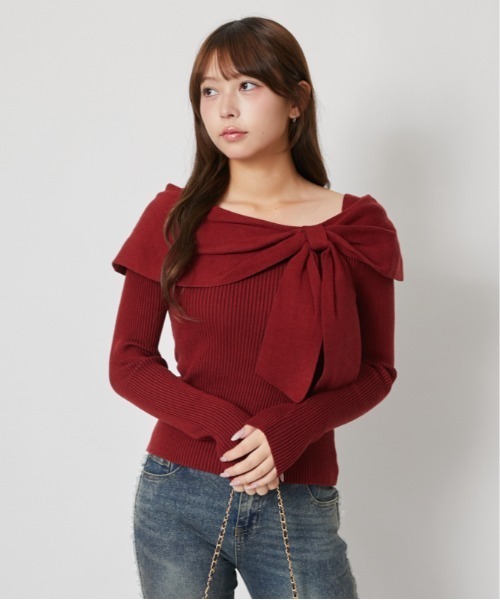 GORGE（ゴージ）の「ビッグリボン オフショルダーニット｜全4色（ニット/セーター・レディース・ブラック/チャコール/ボルドー/オフホワイト・F）」の22枚目の写真