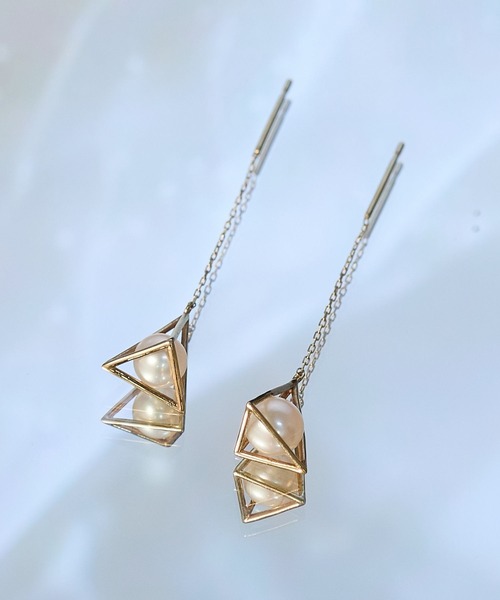 K10】幾何学デザイン淡水パールアメリカンピアス（ピアス（両耳用