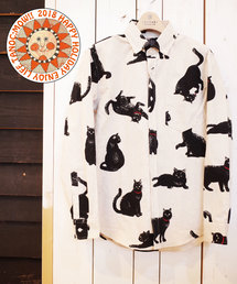 パグフェイスネコイラスト総柄シャツ長袖 /2S17061501