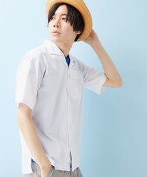 MONO-MART | ストレッチオープンカラーリネンシャツ/ナチュラル綿麻素材(1/2 sleeve)(シャツ/ブラウス)