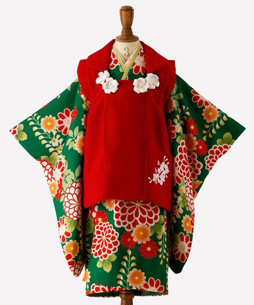 ○七五三○キャサリンコテージ【紅桃着物×紅赤被布】 753 着物 小物 セット