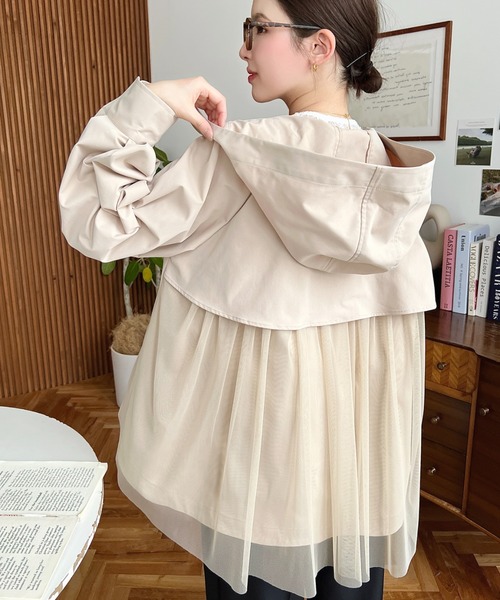 moment+（モーメントプラス）の「コットンライクツイルバックチュールレイヤードマウンテンパーカー（マウンテンパーカー・レディース・ブラック/ベージュ/カーキ/ライトベージュ/アイボリー/ネイビー・FREE/M/L）」の10枚目の写真