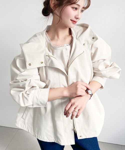 moment+（モーメントプラス）の「コットンライクツイルバックチュールレイヤードマウンテンパーカー（マウンテンパーカー・レディース・ブラック/ベージュ/カーキ/ライトベージュ/アイボリー/ネイビー・FREE/M/L）」の20枚目の写真