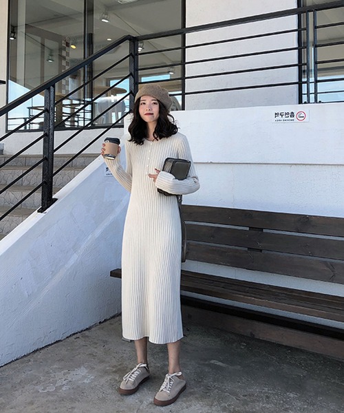 セール】ヘンリーネックリブニットワンピース（ワンピース