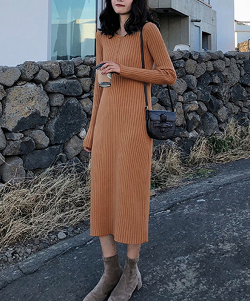 セール】ヘンリーネックリブニットワンピース（ワンピース）｜Girly