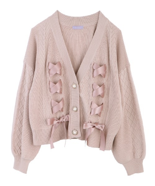 00s 希少 axes femme ビッグリボン ビジューレース編みピンクカーデ