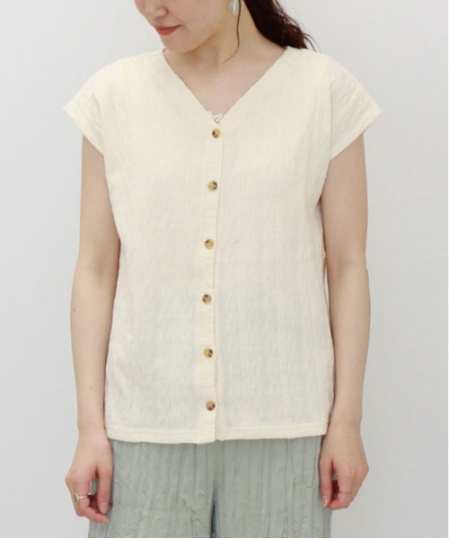 ehka sopo（エヘカソポ）の「ふくれジャカードフレンチTシャツ（Tシャツ/カットソー・レディース・ミント/キナリ/ブラウン・ﾌﾘ-）」の2枚目の写真