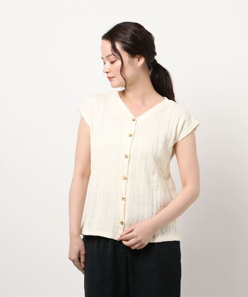 ehka sopo（エヘカソポ）の「ふくれジャカードフレンチTシャツ（Tシャツ/カットソー・レディース・ミント/キナリ/ブラウン・ﾌﾘ-）」の6枚目の写真