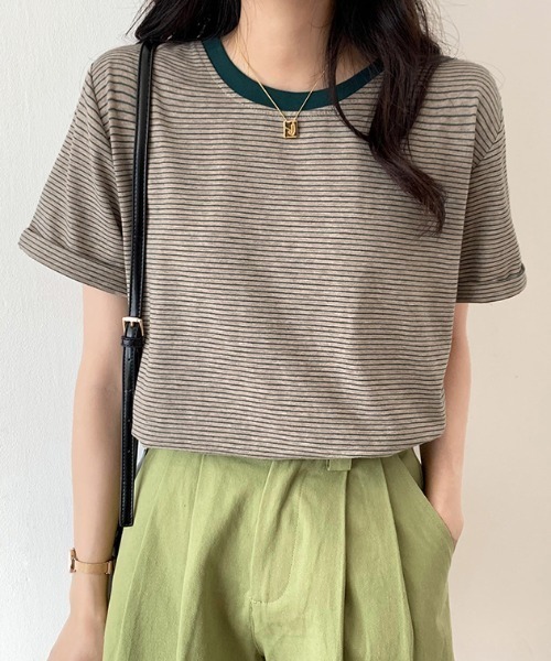 ABITOKYO(アビトーキョー)の「ハーフボーダーカットTシャツ(Tシャツ/カットソー・レディース・ブラック/グリーン/キャメル・M/L)」の3枚目の写真