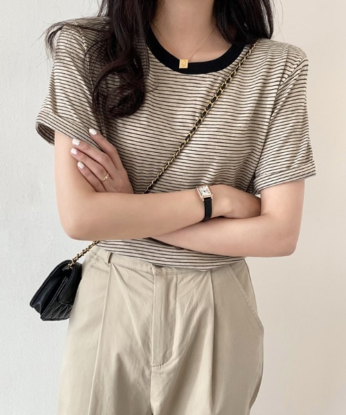 ABITOKYO(アビトーキョー)の「ハーフボーダーカットTシャツ(Tシャツ/カットソー・レディース・ブラック/グリーン/キャメル・M/L)」の12枚目の写真