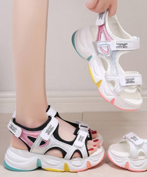 STYLEBLOCK(スタイルブロック)の「ベルクロ厚底カラフルスポーツサンダル(サンダル・レディース・ブラック/ホワイト・38/37/39/35/40/41/42/36)」の6枚目の写真