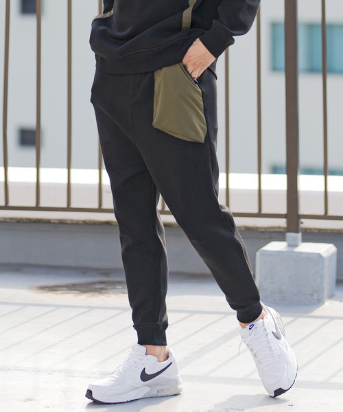 CAMBIO（カンビオ）の「mp9238-アシンメトリー異素材切替ダンボールニットスウェットパンツ（スウェットパンツ・メンズ・ブラック/チャコール/グレー・L/M/XL/S）」の2枚目の写真