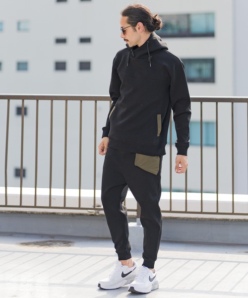 CAMBIO（カンビオ）の「mp9238-アシンメトリー異素材切替ダンボールニットスウェットパンツ（スウェットパンツ・メンズ・ブラック/チャコール/グレー・L/M/XL/S）」の5枚目の写真