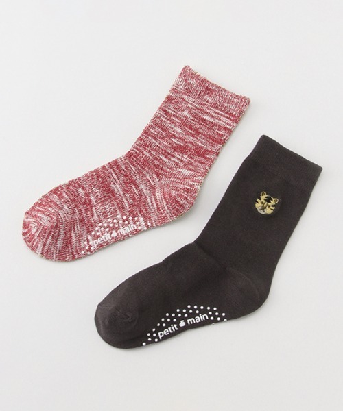 petit main（プティマイン）の「アニマル刺しゅう/メランジ2Pクルーソックス（ソックス/靴下・キッズ・ネイビー/マスタード/アイボリー・M/S/SS/L）」の2枚目の写真