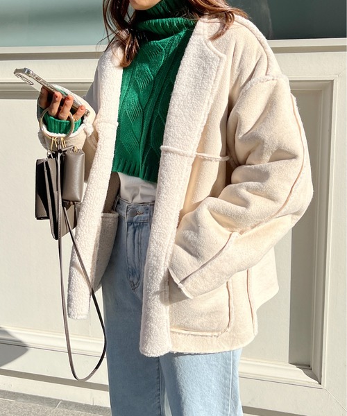 StyleSea（スタイルシー）の「2wayリバーシブルスウェード×ボアショートコート（ノーカラージャケット・レディース・ライトベージュ/モカ/ブラック・MEDIUM）」の21枚目の写真