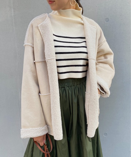 StyleSea（スタイルシー）の「2wayリバーシブルスウェード×ボアショートコート（ノーカラージャケット・レディース・ライトベージュ/モカ/ブラック・MEDIUM）」の15枚目の写真